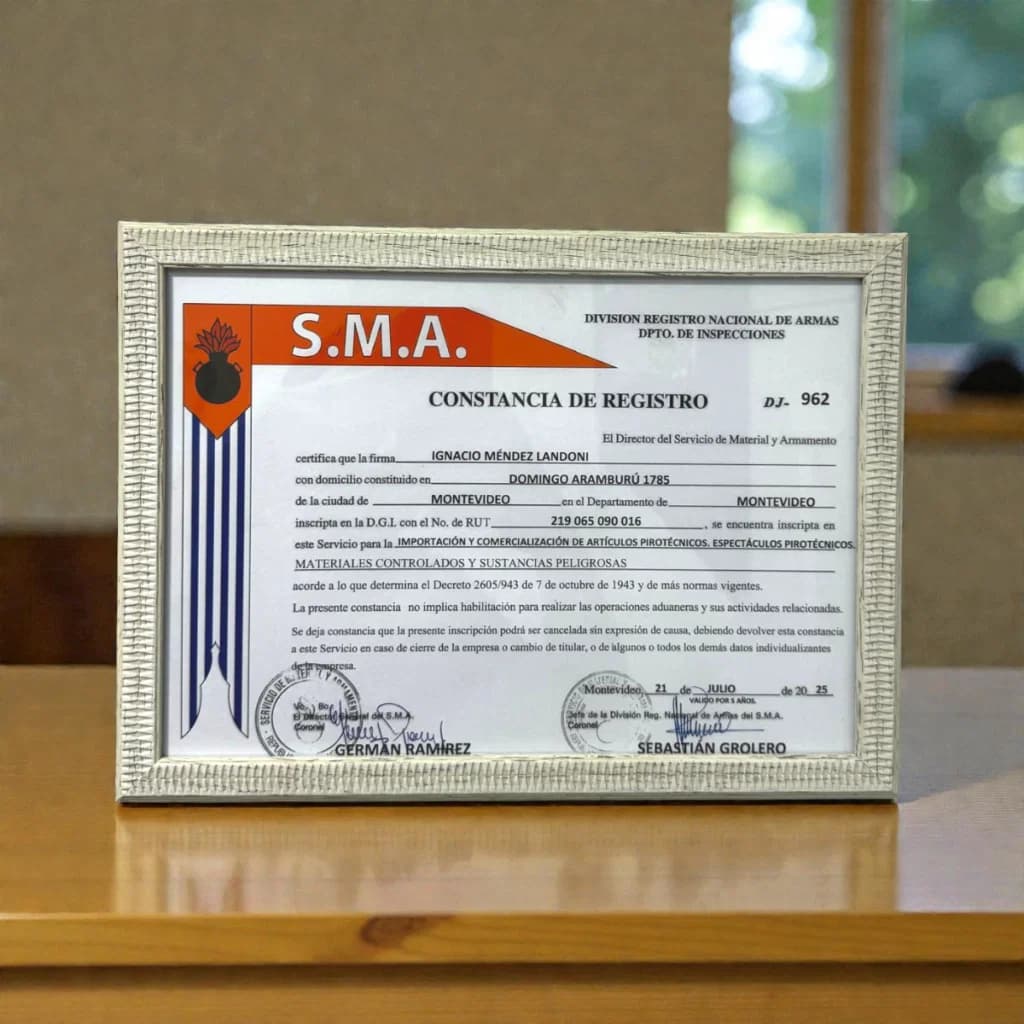 Certificado del Servicio de Material y Armamento a nombre de PYRO Uruguay